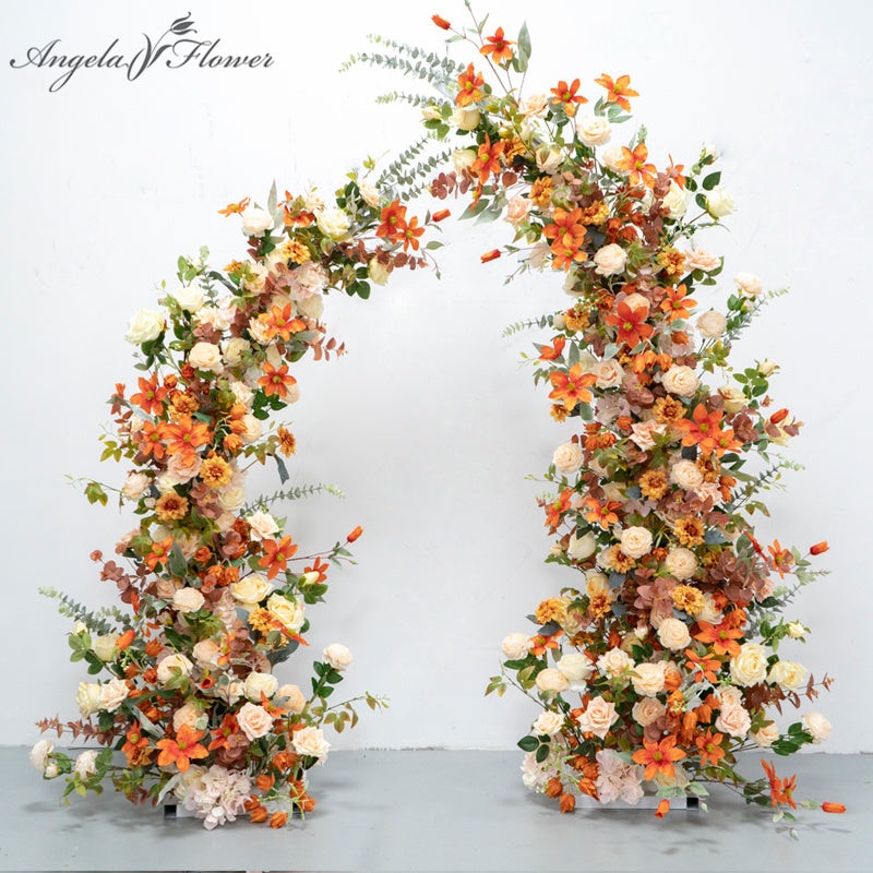 A7044 Wedding Background Flower Stand Corner Arch With Orange Flower Arrangement