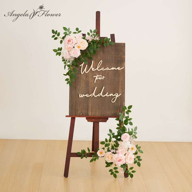 A9004 2pcs Pink Rose Green Leaves Welcome Sign Flower Wedding Reception Props