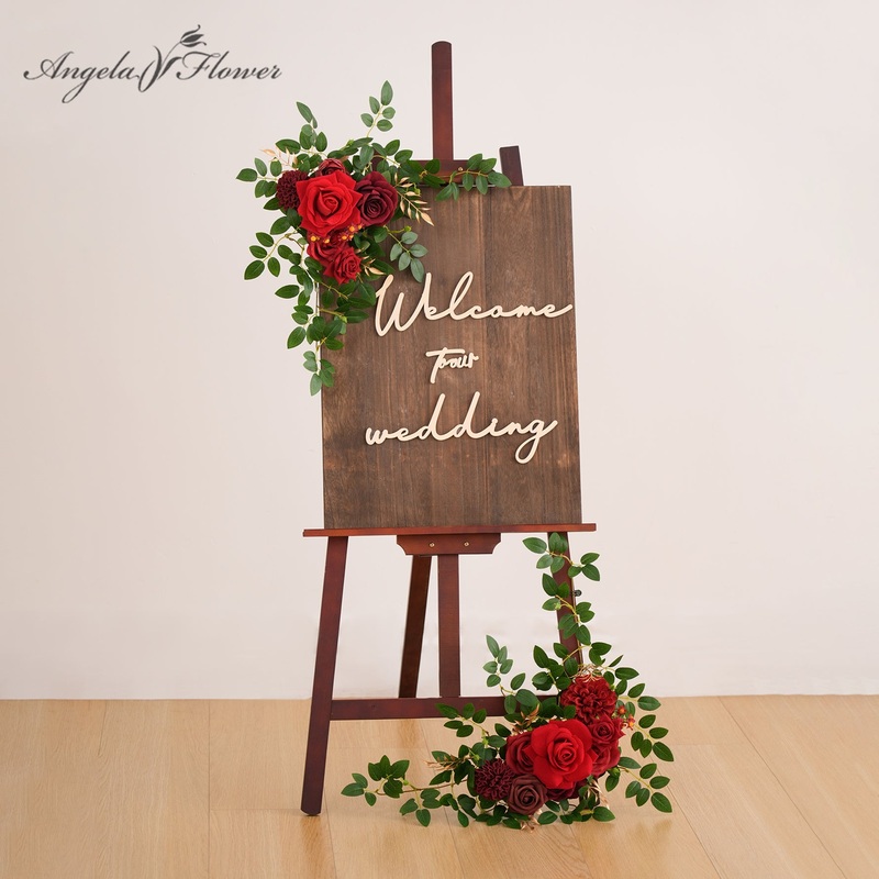 A9005 2pcs Red Rose Greenery Welcome Sign Flowers Wedding Entryway Decor Props