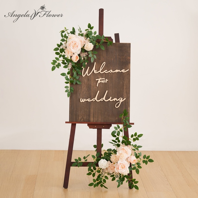 A9007 2pcs Champagne Pink Greenery Welcome Sign Flowers Wedding Event Props