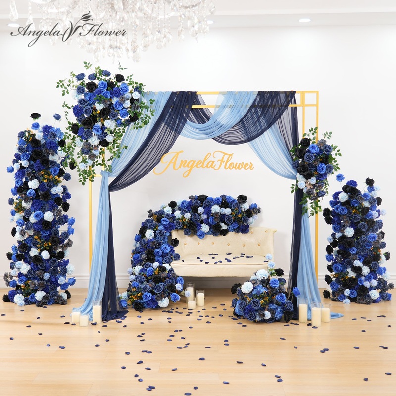 A9012 Black Blue Floral Row Sofa Runner KT Board Wedding Backdrop Aisle Flower Props