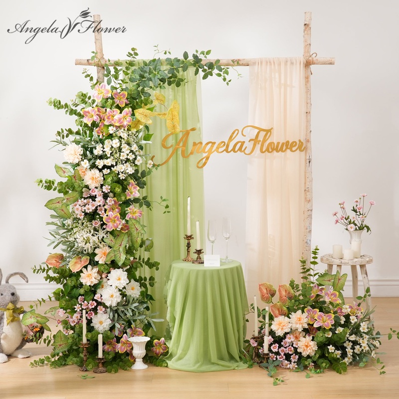 A9028 Colorful Greenery Flower Row Wedding Reception Backdrop Horn Arch Decor