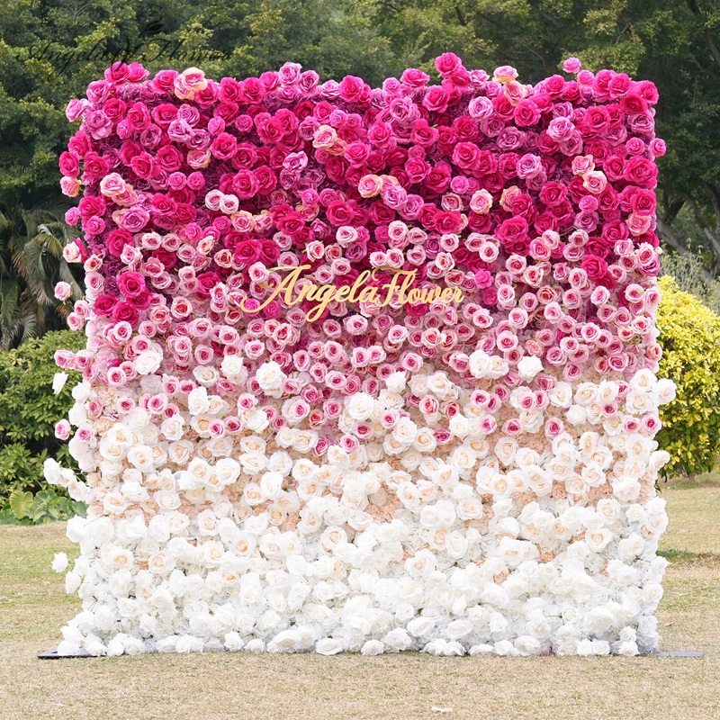 CB3722 Gradient Hot Pink White Rose 5D Fabric Flower Wall Wedding Background