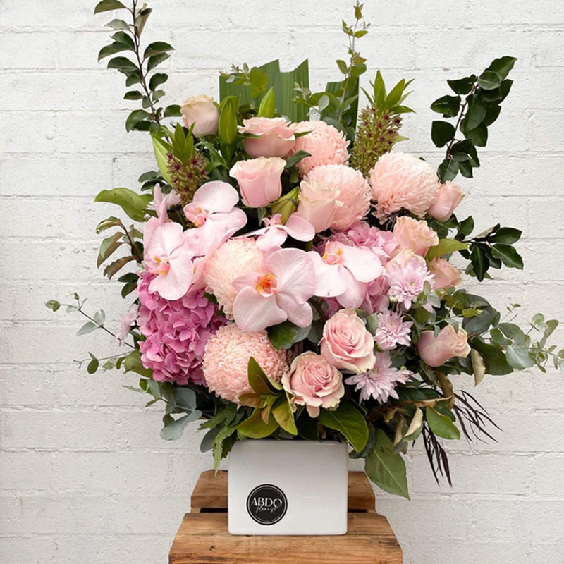 Pink Sugar-Pink Sugar With Orchid Stem In Ceramic Vase