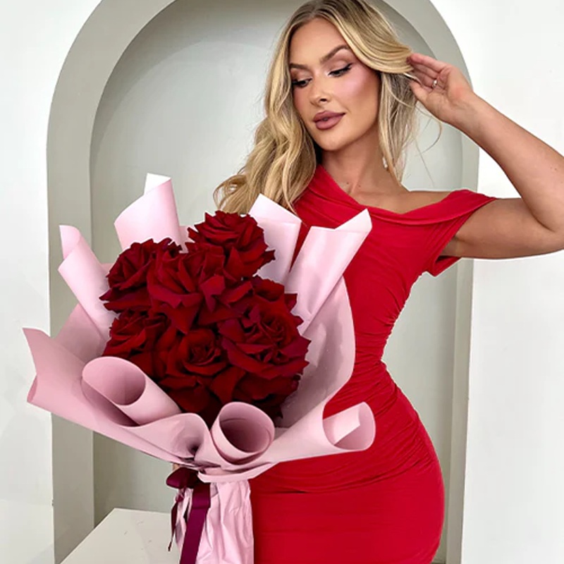 Sedona Bouquet-12 Reflexed Red Roses In A Beautiful Bougie Pink Wrap