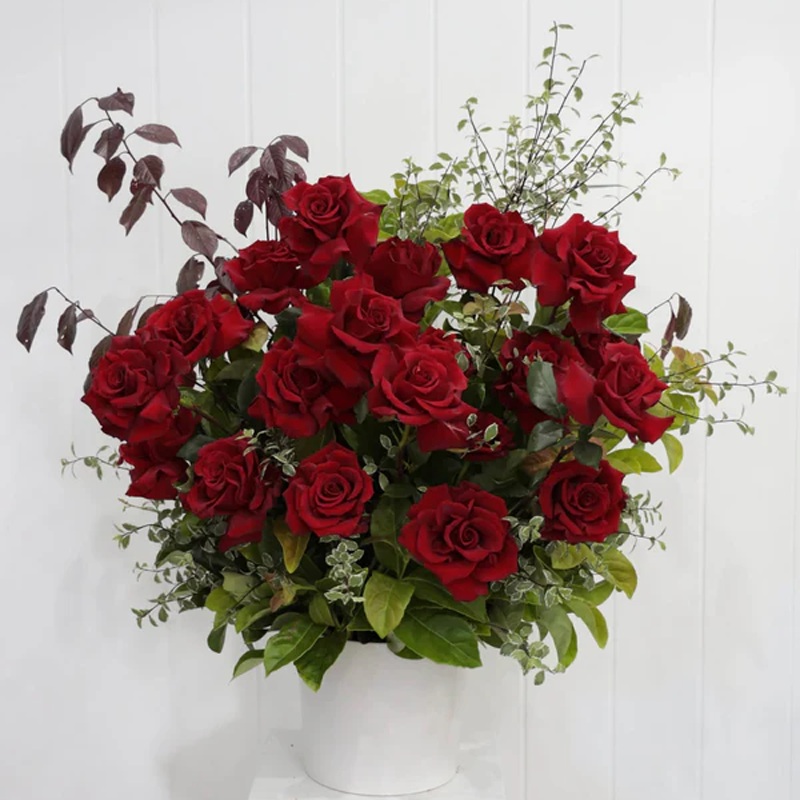 The Love Story-18 Flexed Red Roses In Floral Foam And Ceramic Vase Base
