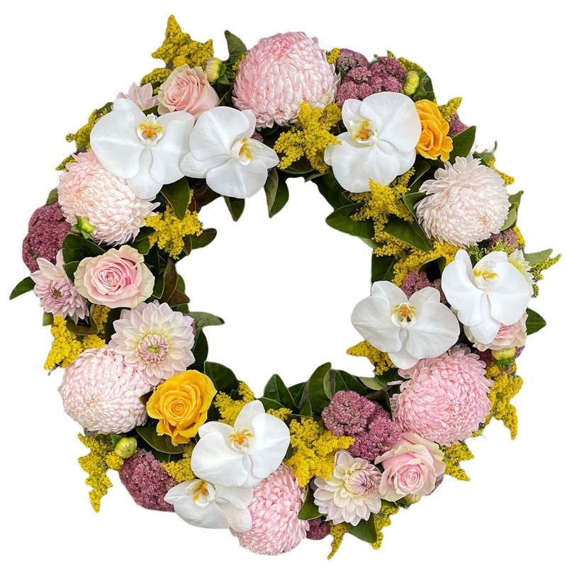 Yellow And Pink Floral Tribute With Orchids