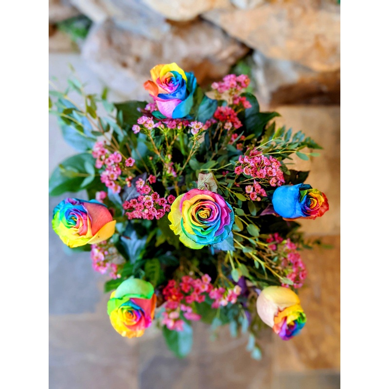 Rainbow Roses in Vase-Single & Half Dozen (Pictured) & 1 Dozen & 2 Dozen