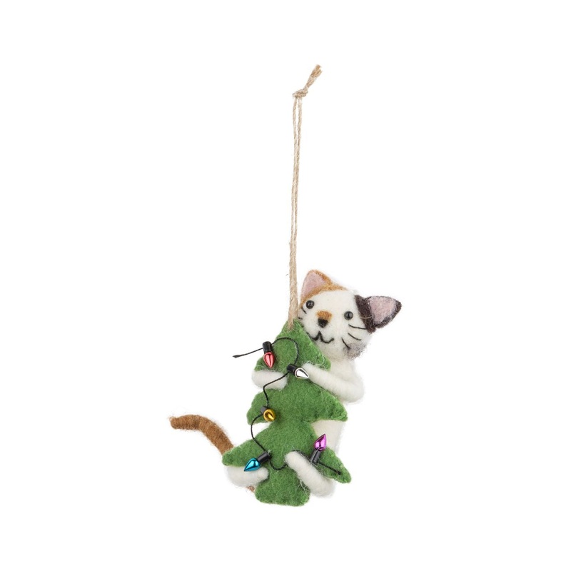 Felt Cat hugging a Christmas Tree Ornament