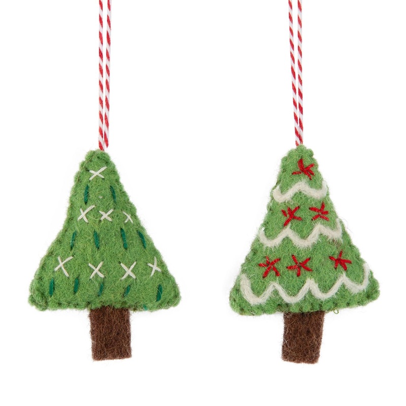 Felt Christmas Tree Ornament-Tree with Red and White Decorations & Tree with Green and White Decorations