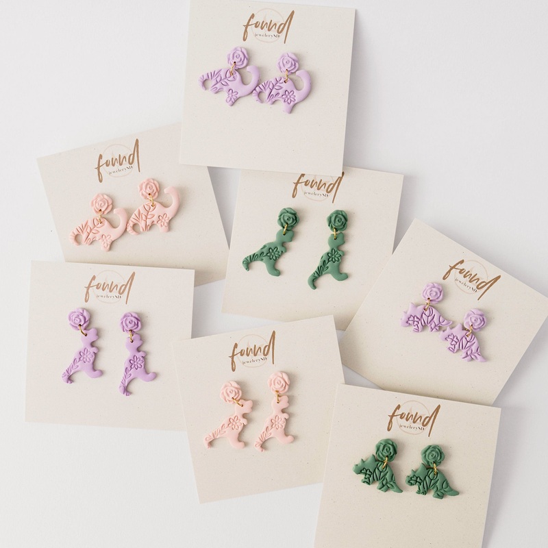 Floral Dinosaur Earrings-Light Pink & Lavender & Sea Foam & Cream & Sky Blue-Long Neck & T-Rex & Triceratops