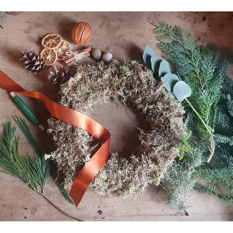 Christmas Wreath Kit-Wreath kit-Burnt orange ribbon & Aubergine ribbon & Gold ribbon & Claret ribbon