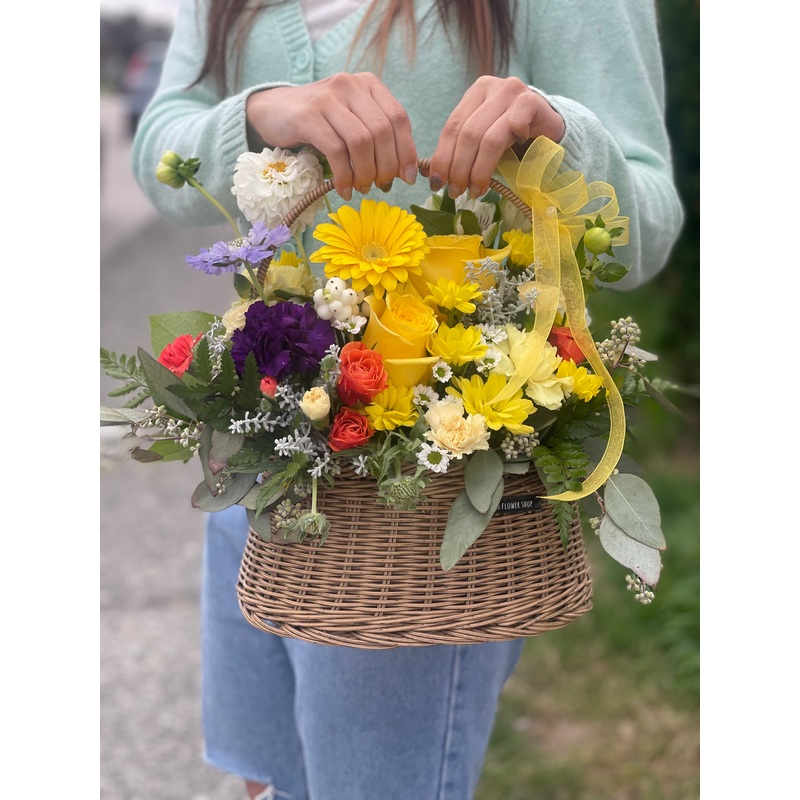Happy Day Basket-Pink & Purple & Yellow-Flower Only & With Bubble Balloon