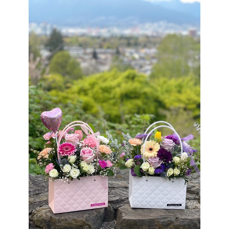 Macaron Flower Box-Small & Medium-Pink & Purple & Yellow-Flower Only & Bubble Balloon & Cake