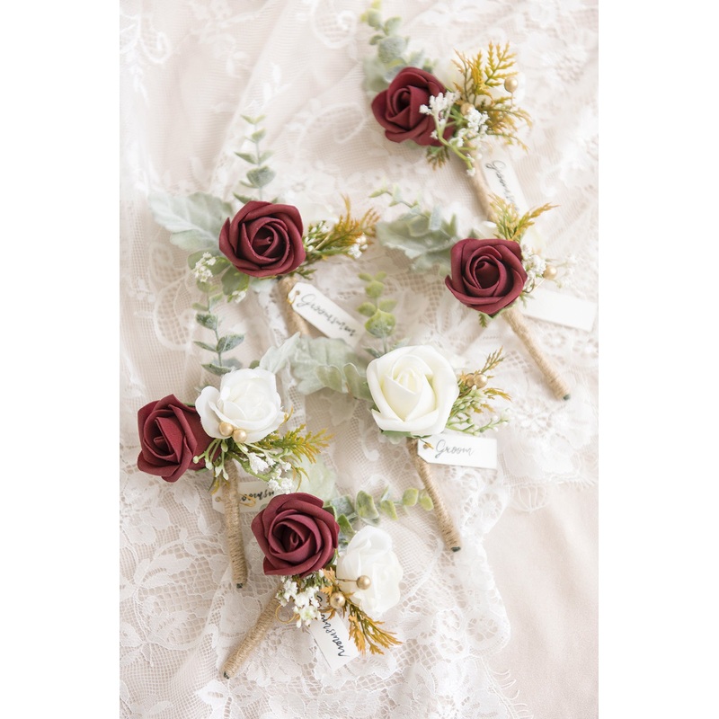 Boutonnieres in Burgundy-Ivory & Burgundy (Set of 6) & Burgundy (Set of 2) & Groom