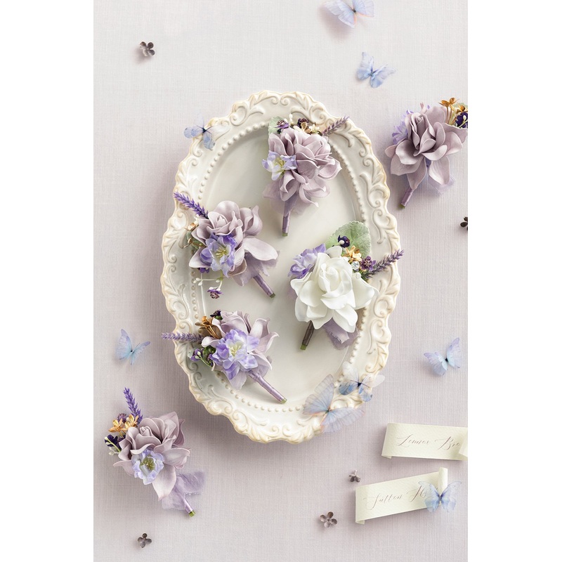 Boutonnieres in Lilac & Gold-1 White + 5 Lilac (Set of 6) & Lilac (Set of 2)