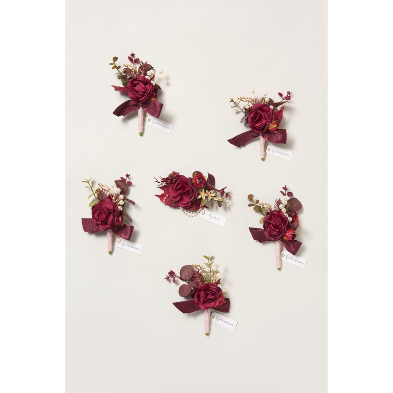 Boutonnieres in Burgundy & Dusty Rose