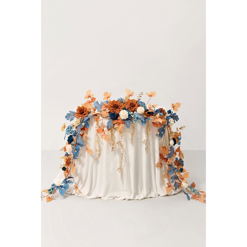 9ft Head Table Flower Garland in Russet Orange & Denim Blue