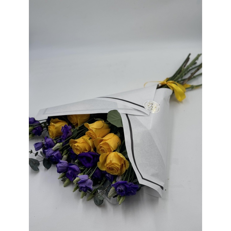 Beautifully Simple Flat Bouquet Yellow roses & Purple lisianthus