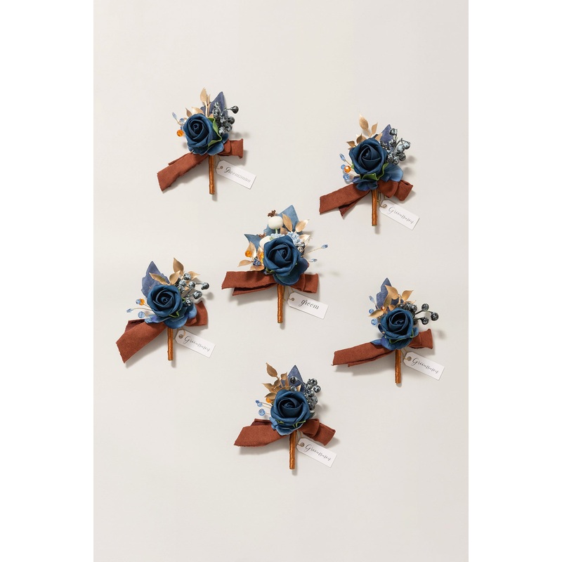 Boutonnieres in Russet Orange & Denim Blue