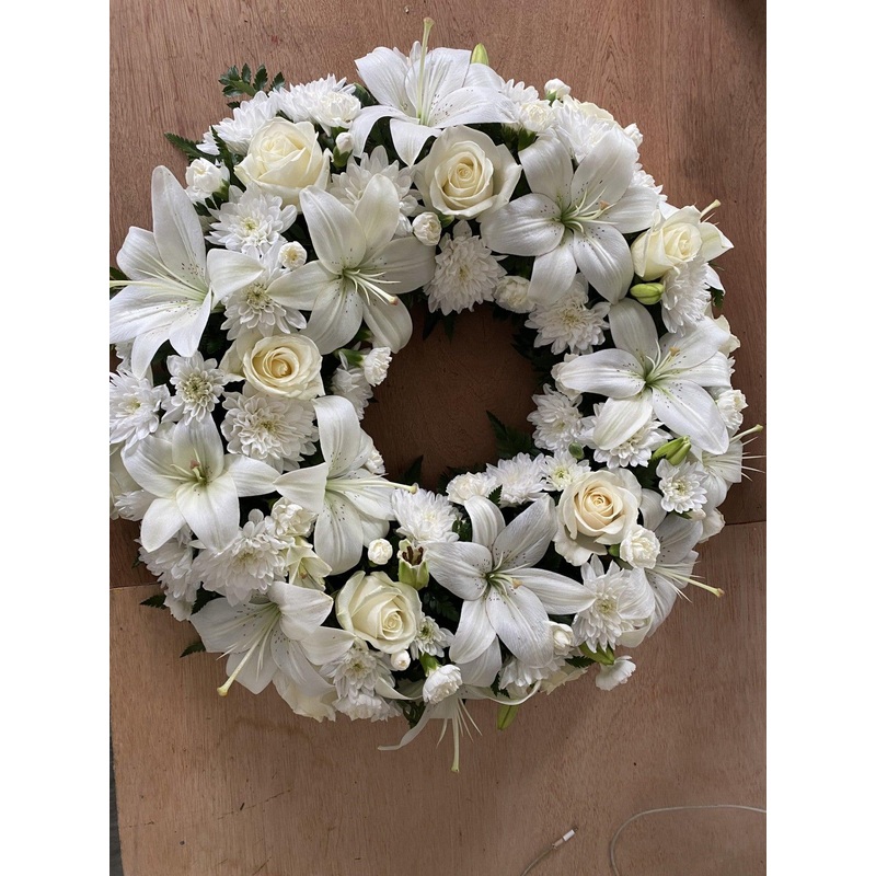 Rose & Lily Wreath-Standard & Medium & Grand (As shown in image) & Superior-White & Pink & Orange