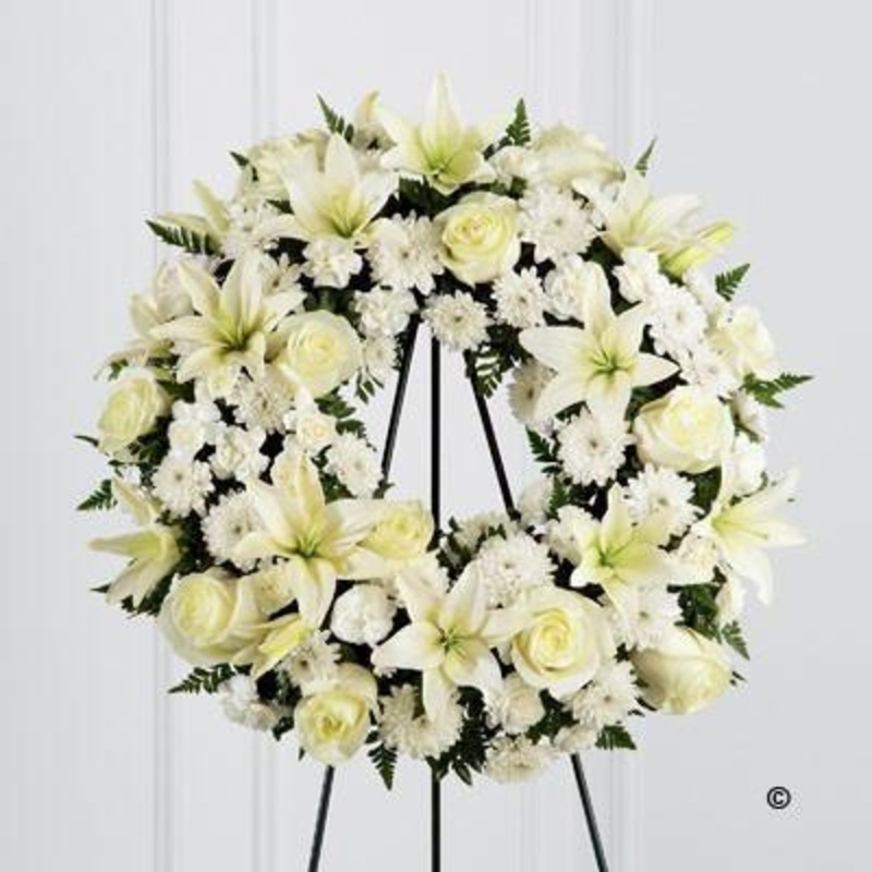 STAND WHITE TRIBUTE WREATH-Standard & Grand (As shown in image) & Superior
