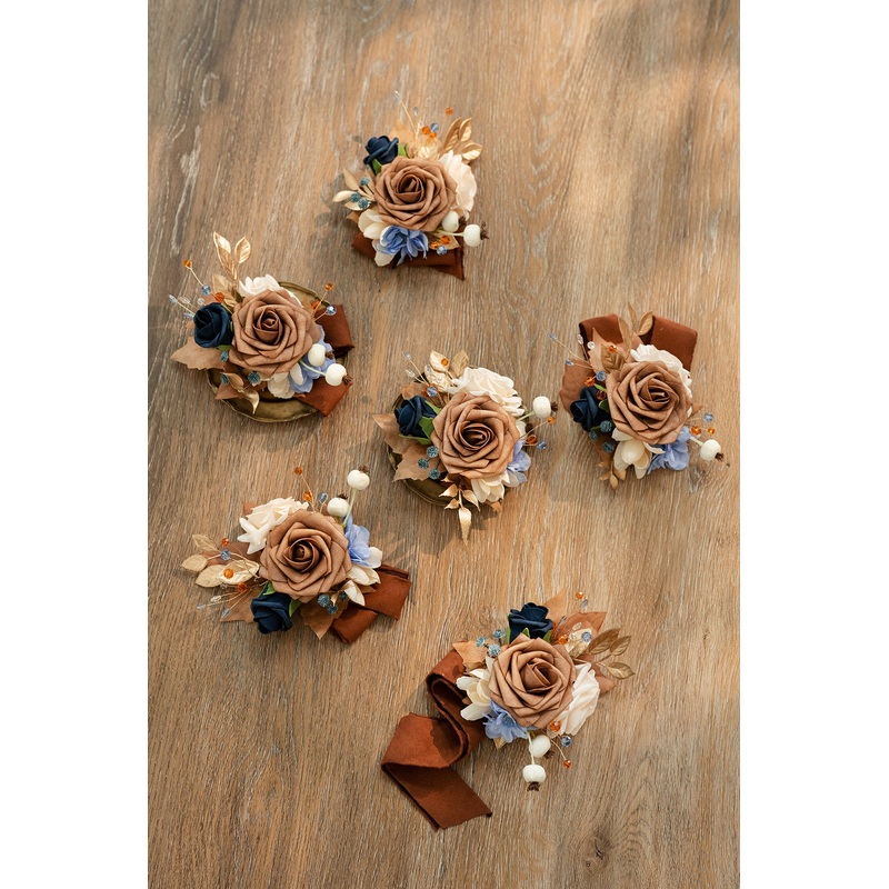 Wrist Corsages in Russet Orange & Denim Blue