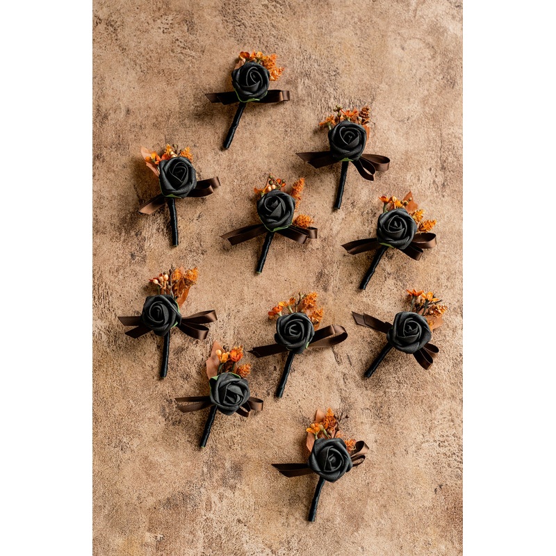 Boutonnieres for Guests in Black & Pumpkin Orange | Clearance
