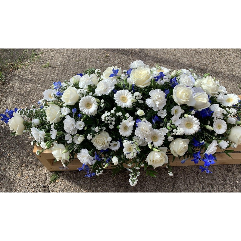 Blue and white Rose Casket Spray