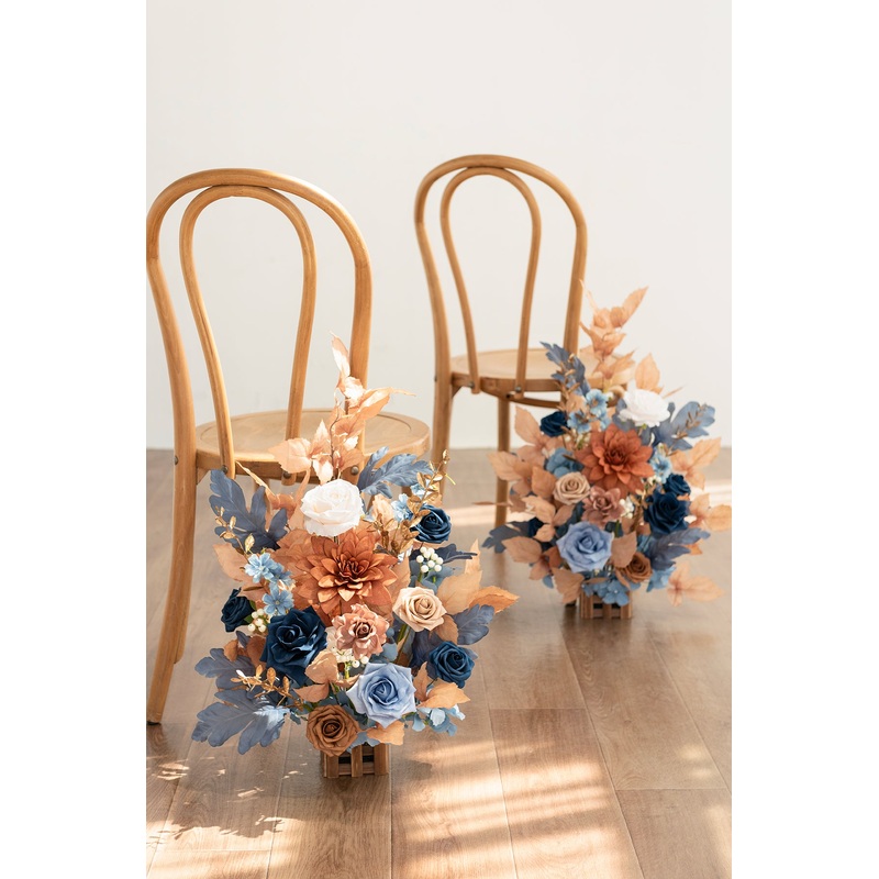 Wedding Aisle Runner Flower Arrangements in Russet Orange & Denim Blue