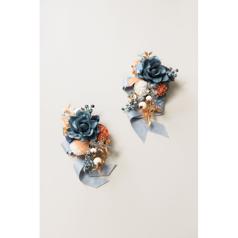 Wrist and Shoulder Corsages in Russet Orange & Denim Blue