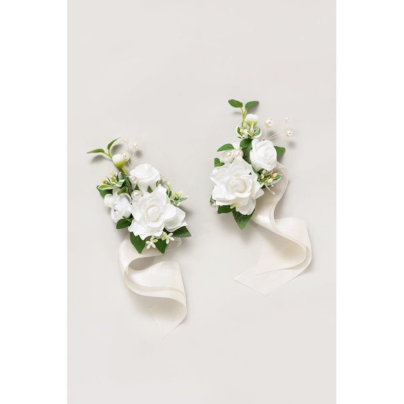 Wrist and Shoulder Corsages in White & Sage