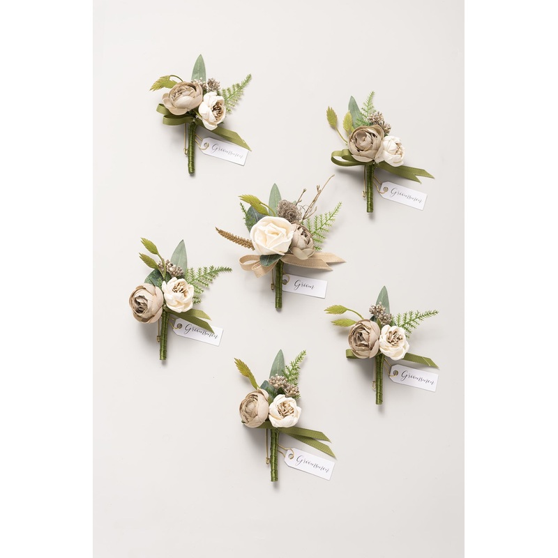 Boutonnieres in White & Beige-White & Beige (Set of 6) & Groom
