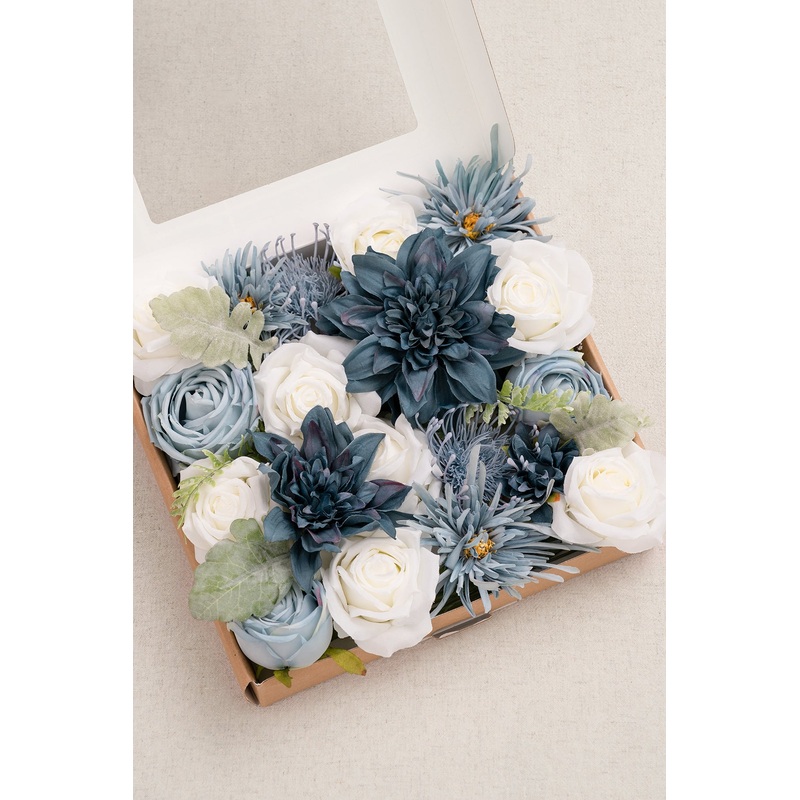 Navy Flower Box-Octavia Dusty Blue & Navy Grand Box & Navy Blue & Shades of Navy Blue Rose & Navy Blue Petite Rose & Rosebud & Blooming Peony with Stem & Navy Blue Dahlia & Octavia Navy Blue Basic Box
