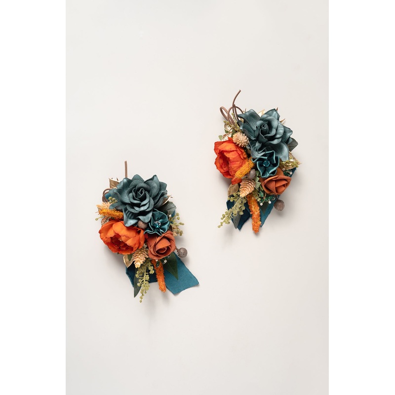 Wrist and Shoulder Corsages in Dark Teal & Burnt Orange