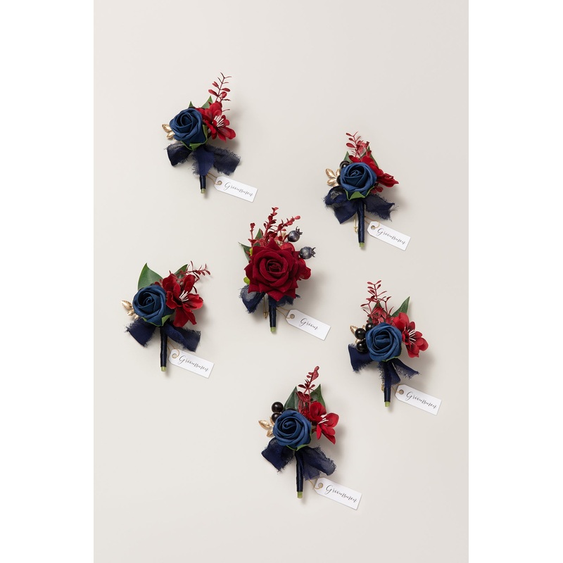 Boutonnieres in Burgundy & Navy