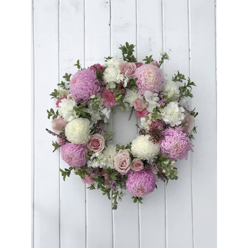 Round Sympathy Wreath-Small $120 & Medium $160 & Large $250 & Extra large $350-White and green & Pink and white & Pastel & Bright & Native