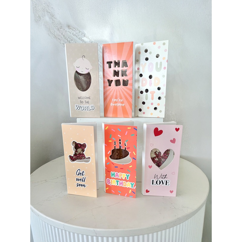 Yours Truly Chocolate Cards-Welcome to the World – Salted Caramel & Thank You Youre Awesome – Salted Caramel & You Did It – Strawberries & Cream & Get Well Soon – Strawberries & Cream & Happy Birthday – Salted Caramel & With Love – Strawberries & Cream
