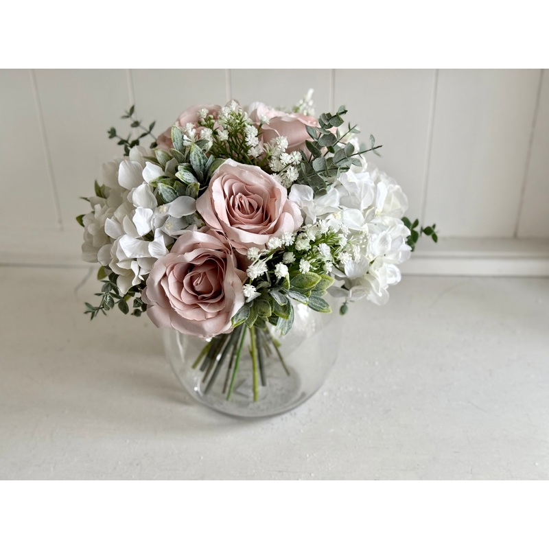 Blush pink and white hand tied silk flower arrangement. Table centrepiece. *Vase not included
