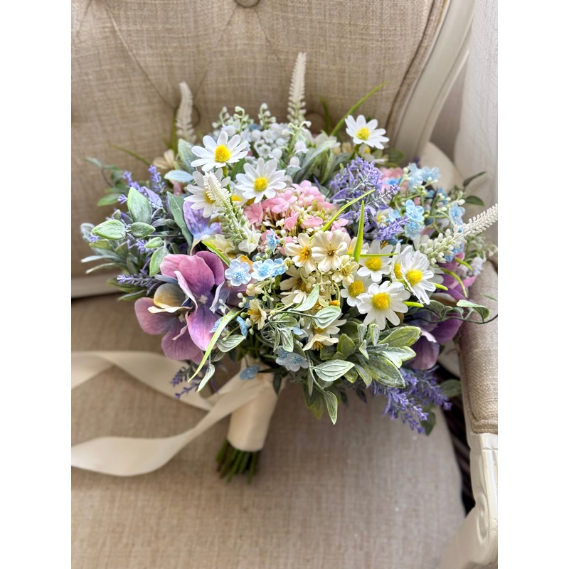 Country garden pastel artificial wedding flowers. Wild flower bouquet
