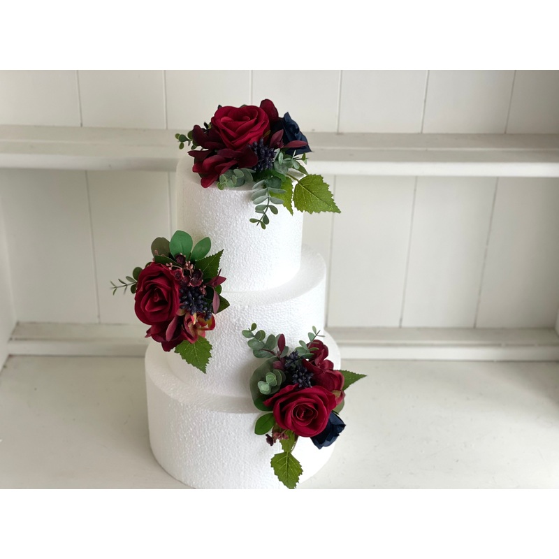 Dark red, burgundy and navy blue artificial wedding flower cake decoration