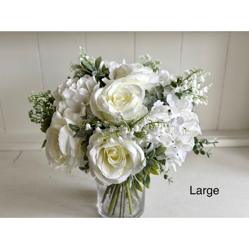 Elegant white and sage green hand tied silk flower arrangement. Table centrepiece. *Vase not included