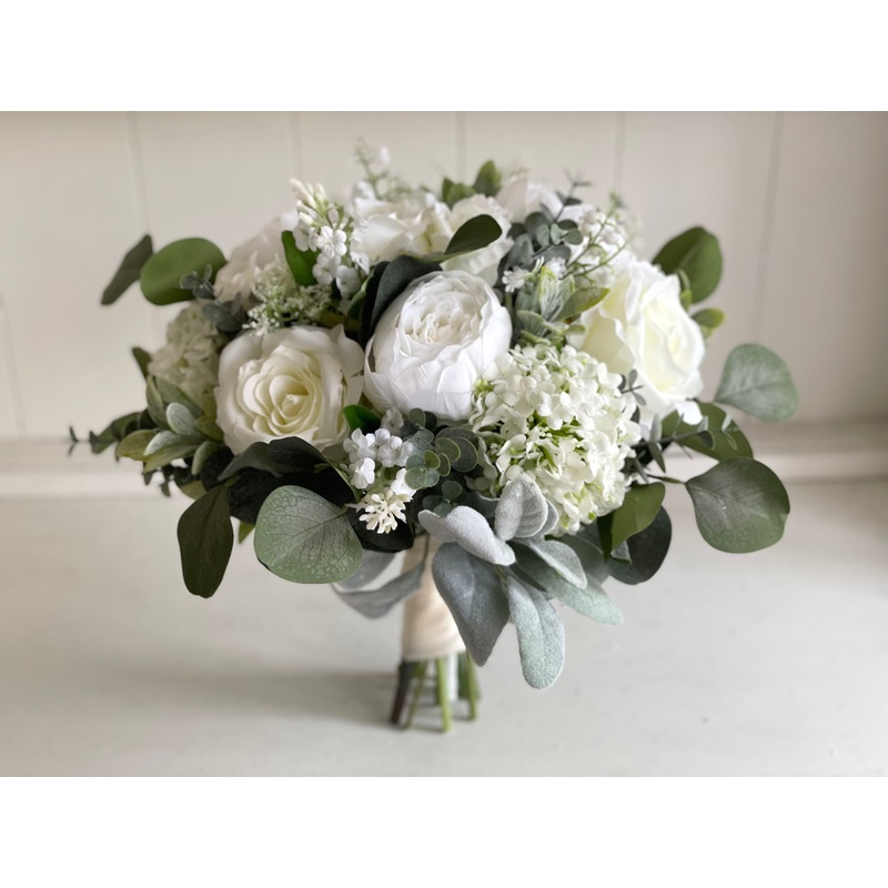 Elegant white and sage green silk wedding flowers
