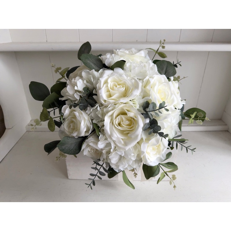 Ivory roses, white hydrangea and eucalyptus wedding flowers *Updated design*