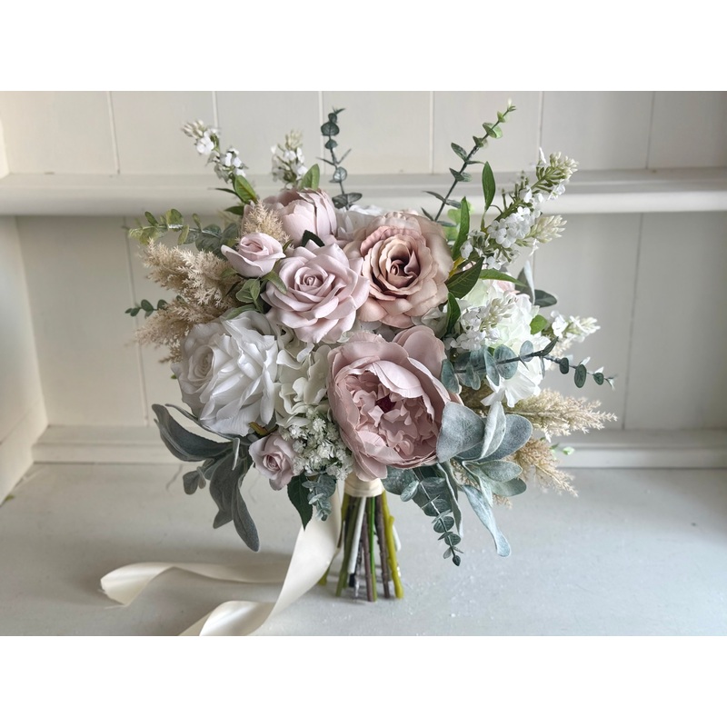 Luxury boho blush pink artificial wedding flowers. Roses, peonies and pampas.
