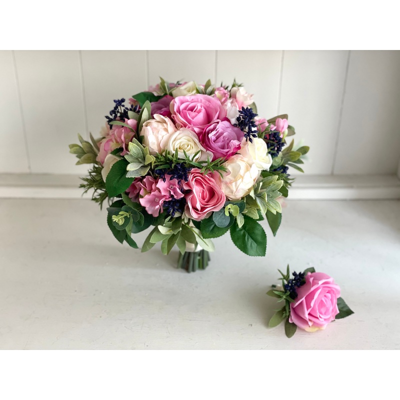 Pink and navy blue wedding bouquet and matching buttonhole