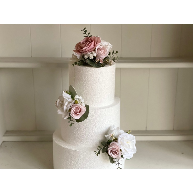 Pink and white artificial wedding flower cake decoration