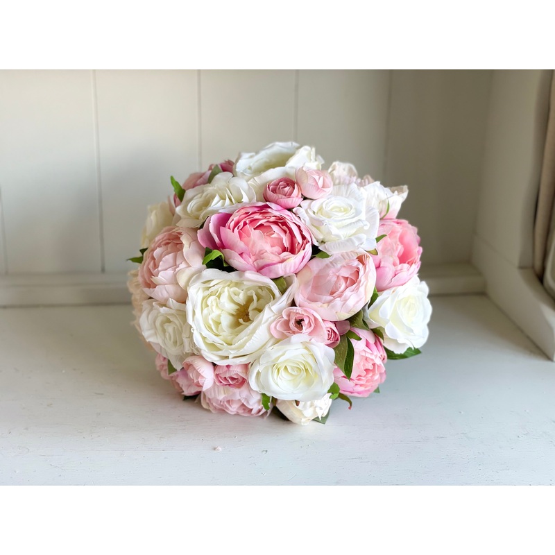 Pink peonies and ivory roses silk wedding bouquet.