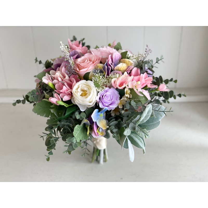 Pretty pastel wedding flowers-12inch Bride & 10inch Bride & 8inch Bridesmaid & 6inch Bridesmaid & 4inch Flower girl & Buttonhole A & Buttonhole B & Jacket corsage & Wrist corsage & 3 tier cake flowers