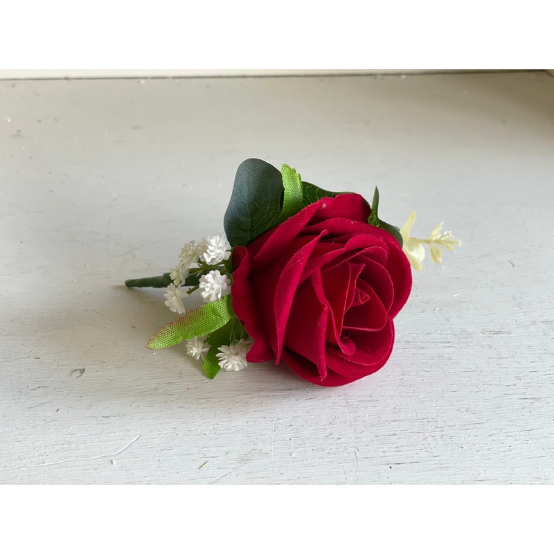 Red rose silk wedding buttonhole / boutonniere.